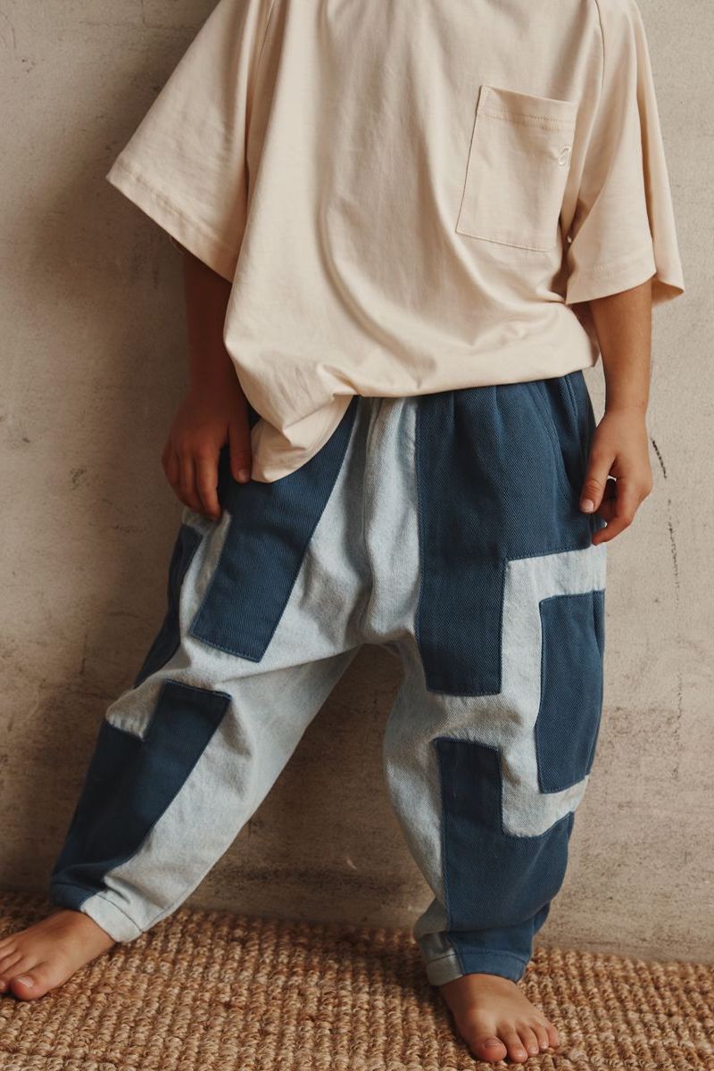 Blue Cotton Patchwork Kids Pants