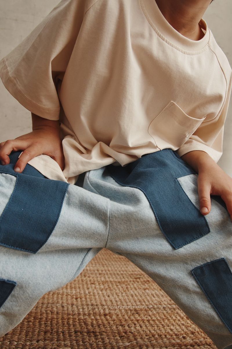 Blue Cotton Patchwork Kids Pants