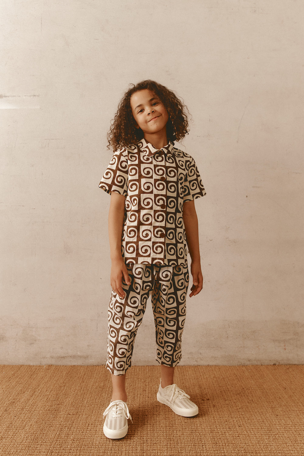 Brown and Cream Patterned Kids Short Sleeve Cotton Shirt
