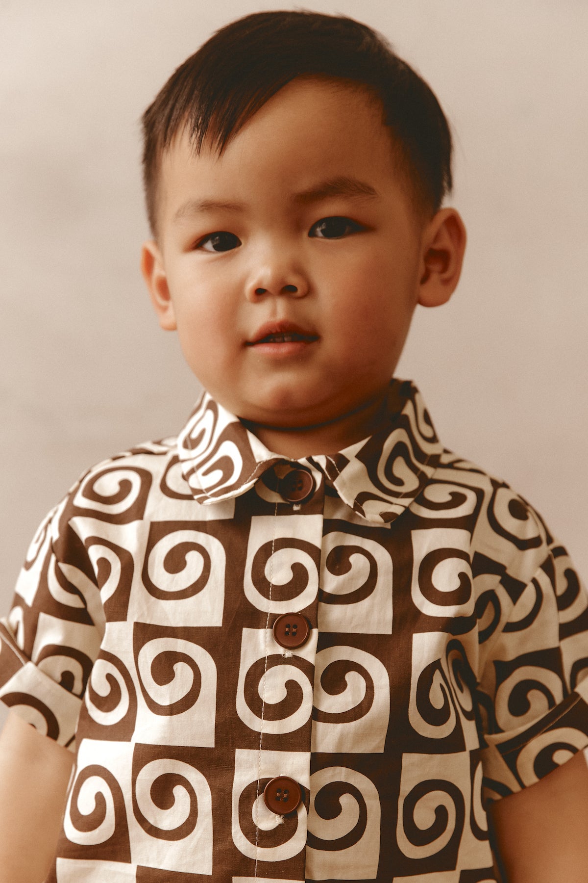 Brown and Cream Patterned Kids Short Sleeve Cotton Shirt