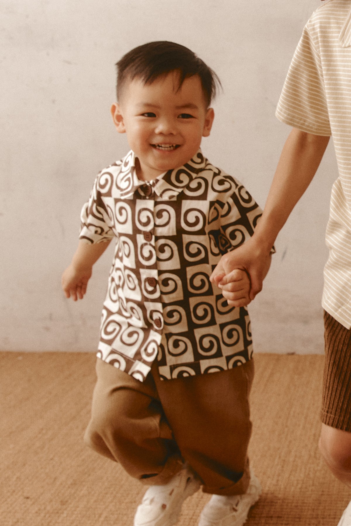 Brown and Cream Patterned Kids Short Sleeve Cotton Shirt