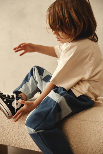 Blue Cotton Patchwork Kids Pants