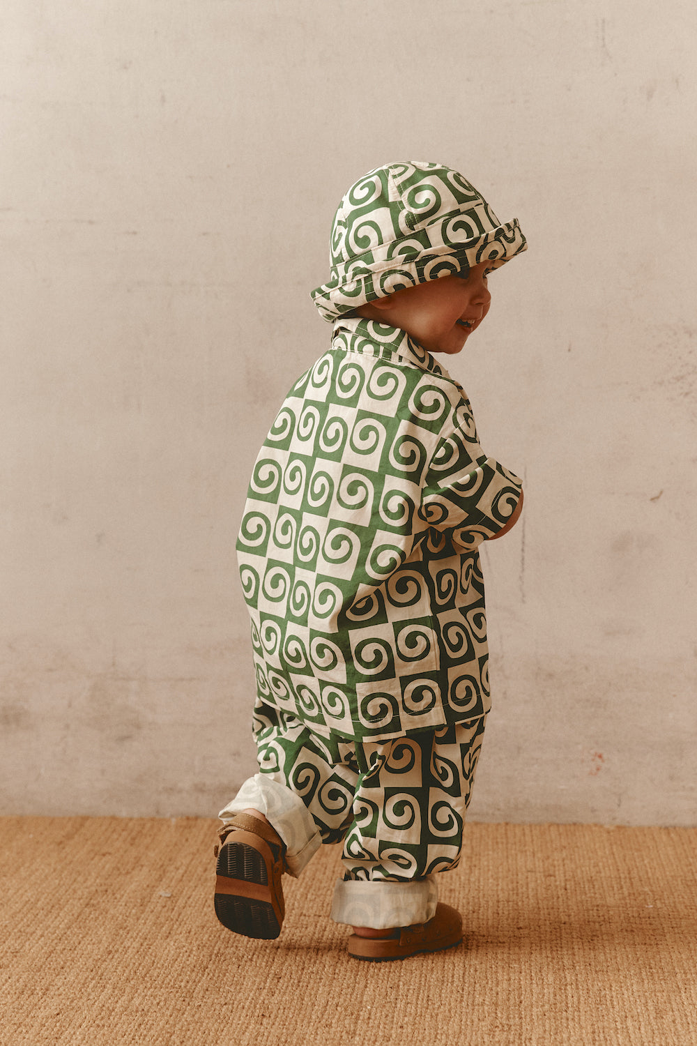 Green and Cream Patterned Kids Bucket Hat