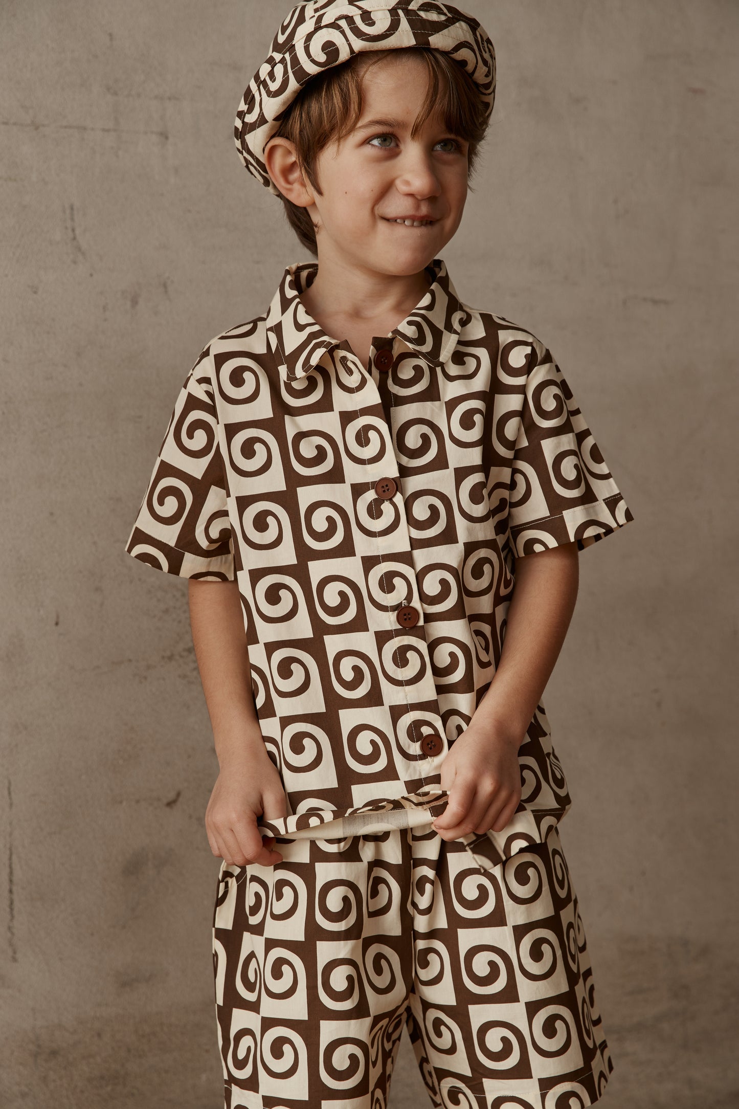 Brown and Cream Patterned Kids Short Sleeve Cotton Shirt