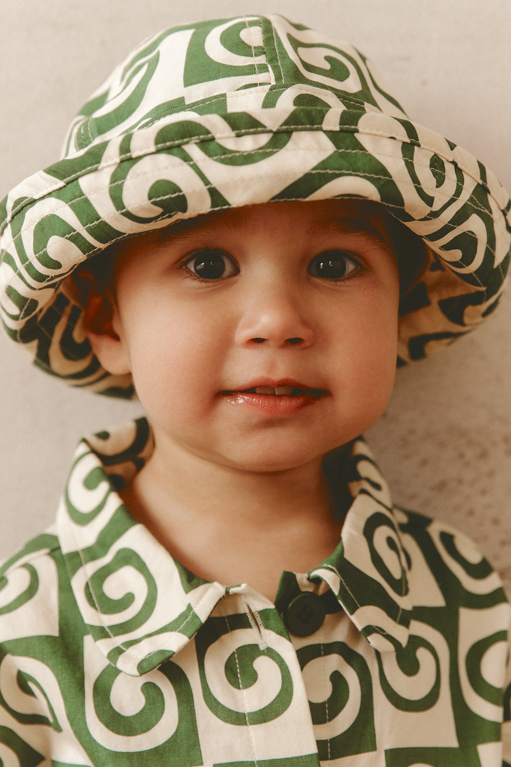 Green and Cream Patterned Kids Shirt Short Sleeve
