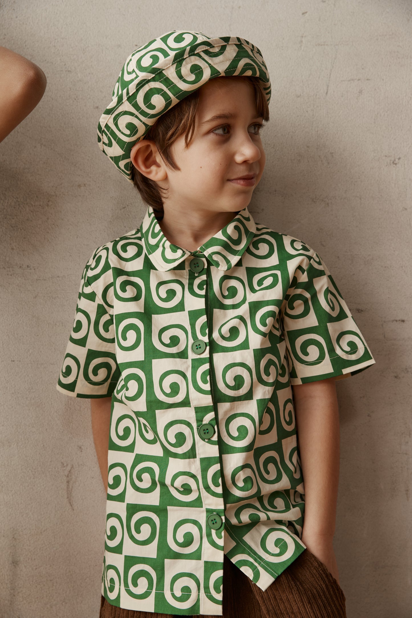 Green and Cream Patterned Kids Shirt Short Sleeve