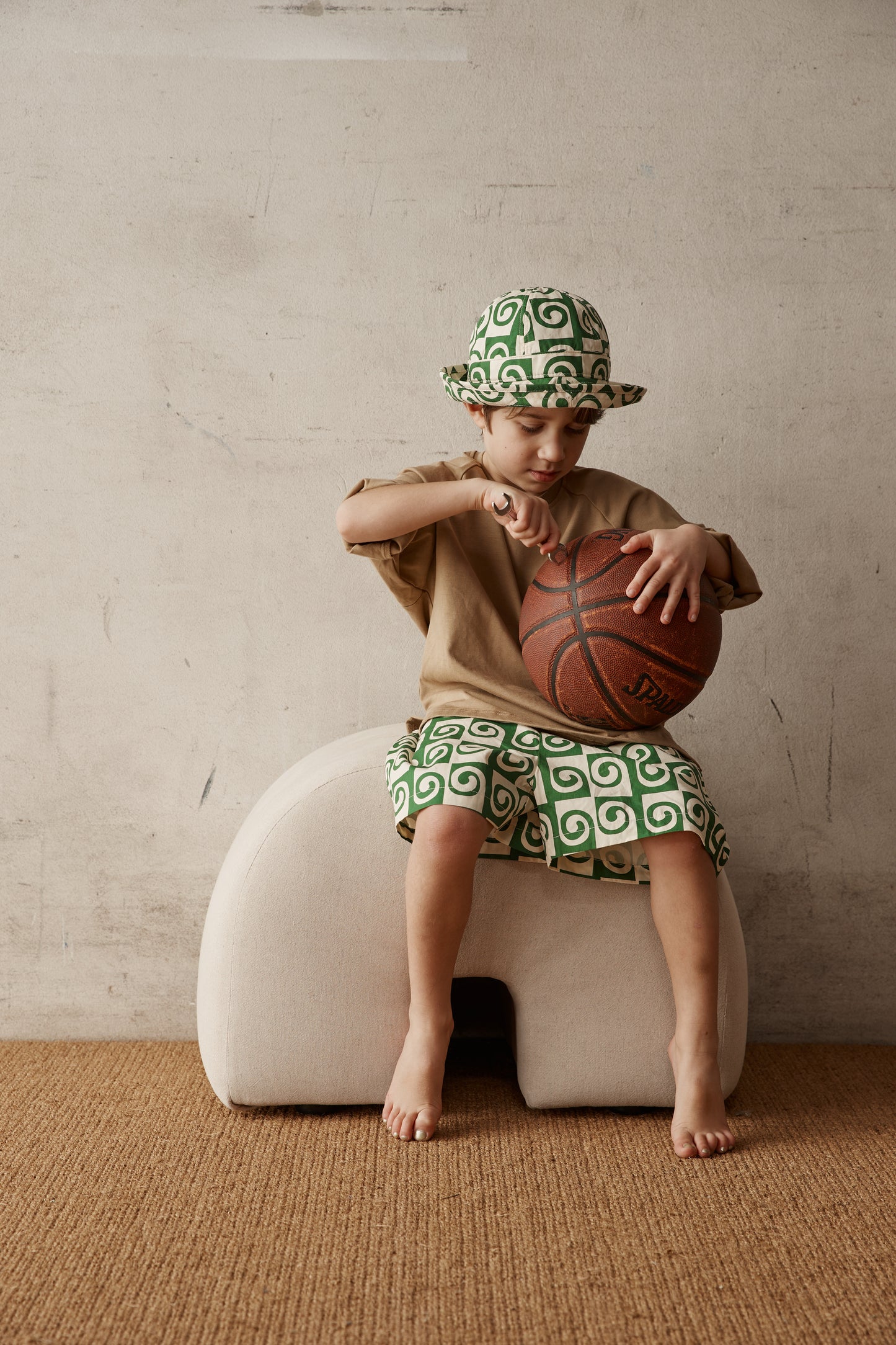 Green and Cream Patterned Cotton Kids Shorts